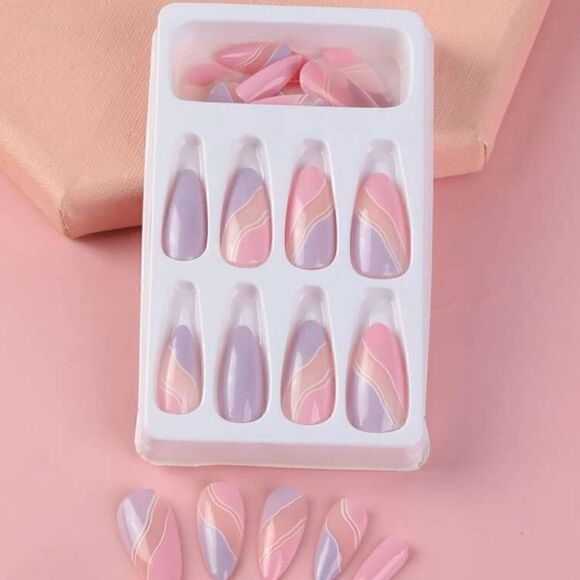 24 pcs Acrylic Long Almond Press On Nail Set Reusable - Picture 2 of 9